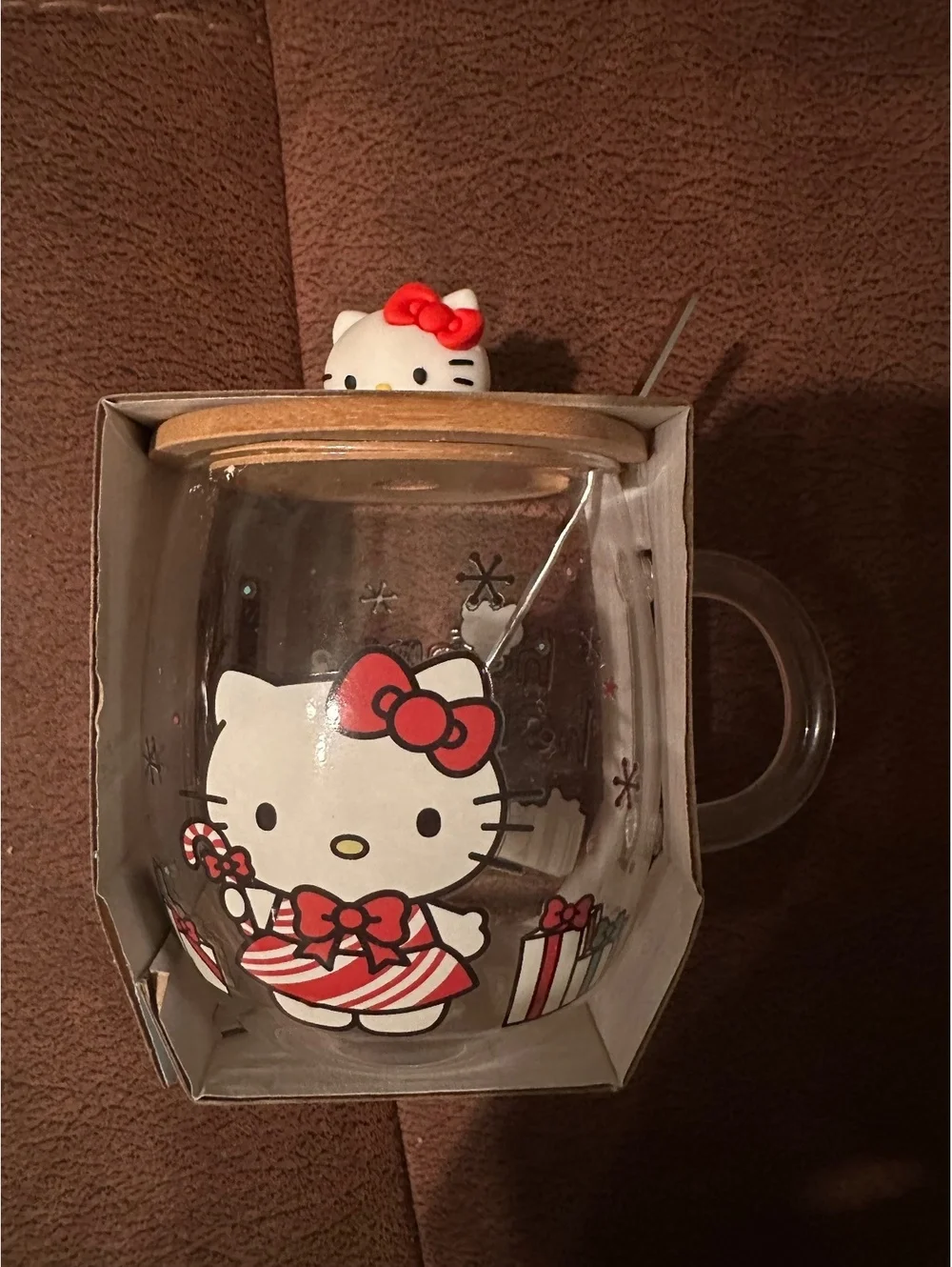 Hello Kitty Christmas Holiday Glass Mug with Wood Lid Topper & Spoon - 17 oz NIB